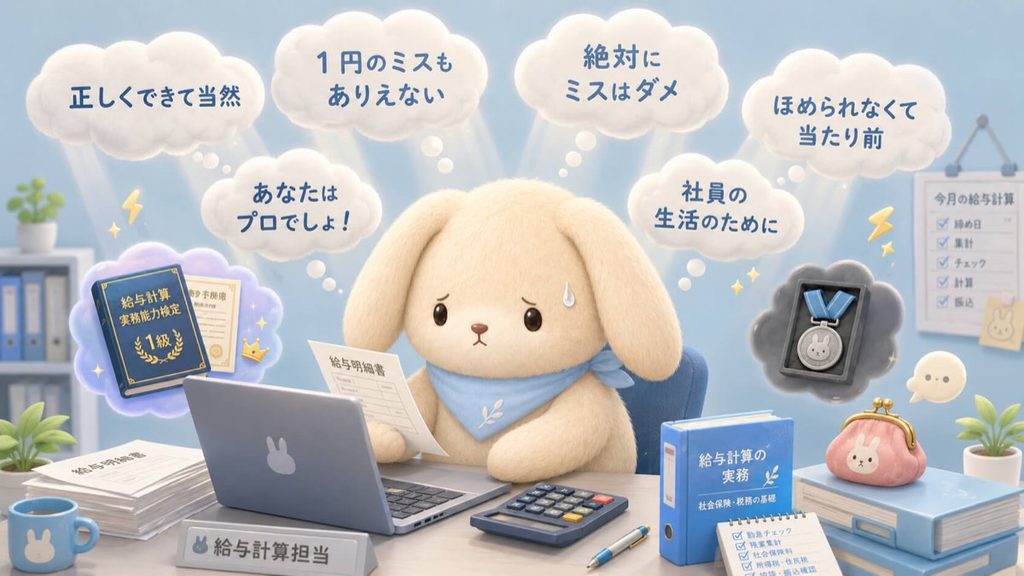 「正しくできて当然」「1円のミスもありえない」など、給与計算担当者が受けがちな周囲の期待を吹き出しで表したイラスト