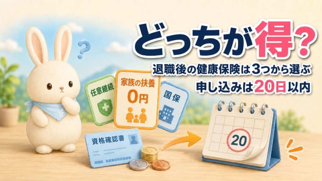 退職後の健康保険をどれにするか迷ううさチュウ。家族の扶養は0円、任意継続、国民健康保険の3枚のカードと、申し込み期限20日を示すカレンダー