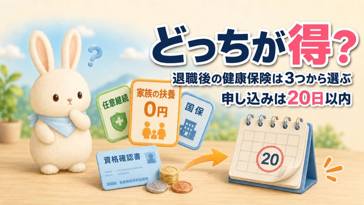 退職後の健康保険をどれにするか迷ううさチュウ。家族の扶養は0円、任意継続、国民健康保険の3枚のカードと、申し込み期限20日を示すカレンダー