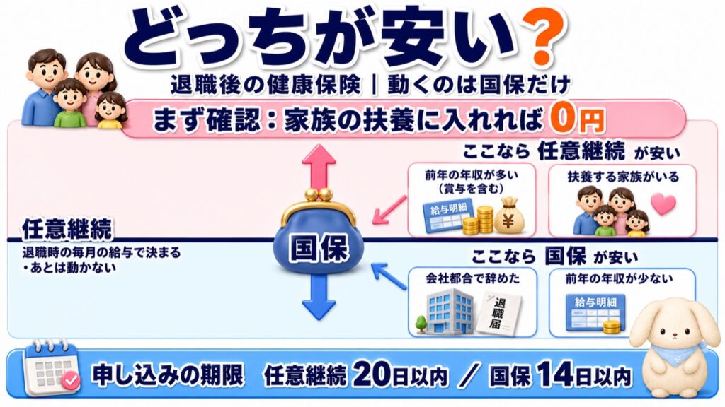 退職後の健康保険の選び方の図。任意継続は退職時の毎月の給与で決まり動かず、国民健康保険は前年の年収や扶養家族の有無、退職理由によって上下することを表している