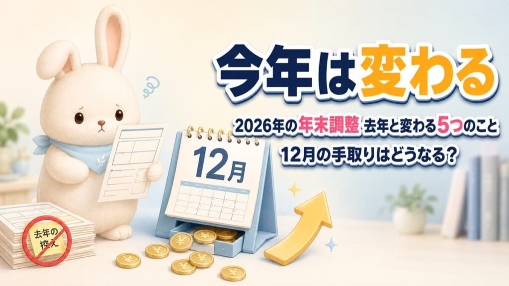 2026年の年末調整で去年から変わることを紹介するアイキャッチ。うさチュウが年末調整の申告書を持ち、足元には「去年の控え」と書かれた書類の束に禁止マークが重ねてある。12月のカレンダーからコインがこぼれ、上向きの矢印が添えられている