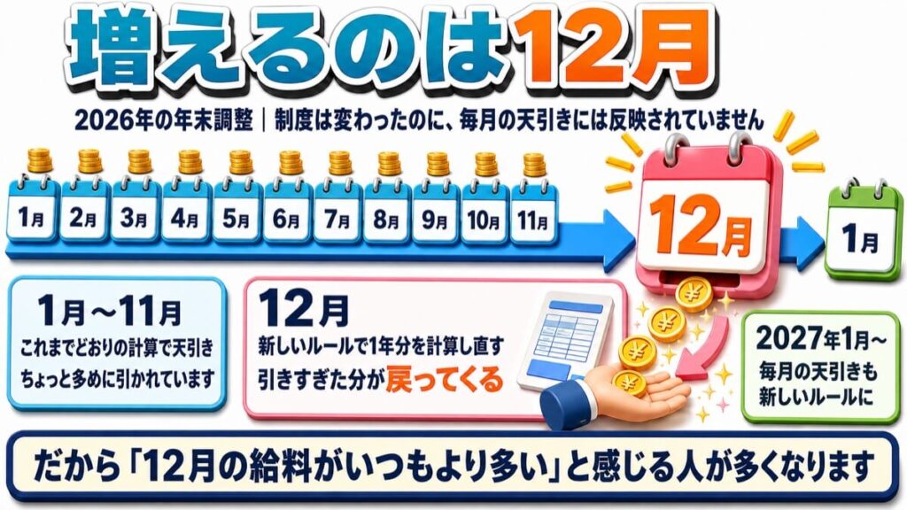 2026年の年末調整の流れ。1月から11月まではこれまでどおりの計算で天引きされ、12月に新しいルールで1年分を計算し直して引きすぎた分が戻り、2027年1月からは毎月の天引きも新しいルールになることを表した図