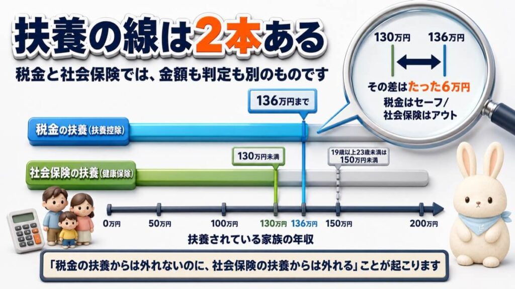 扶養されている家族の年収を横軸にして、税金の扶養は136万円まで、社会保険の扶養は130万円未満（19歳以上23歳未満は150万円未満）と線の位置が違うことを表した図。130万円から136万円の間は税金はセーフだが社会保険はアウトになる