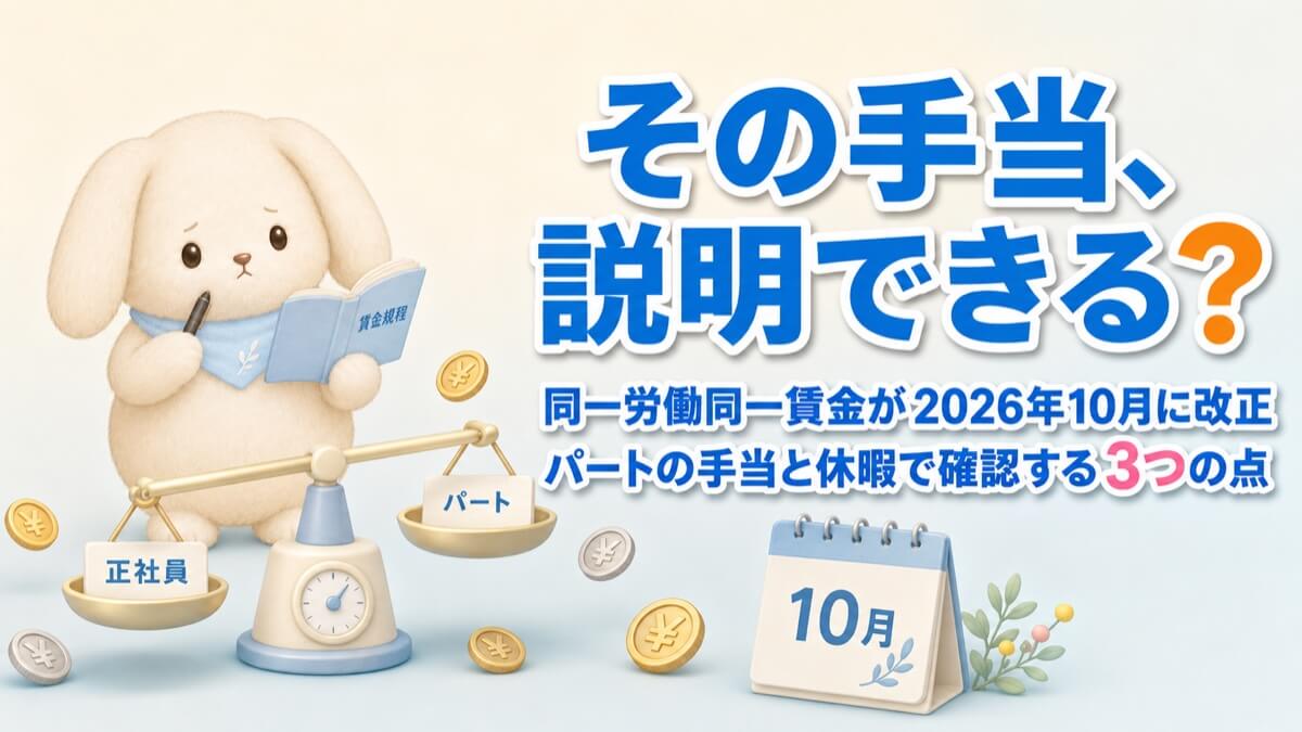 同一労働同一賃金が2026年10月に改正されることを伝えるアイキャッチ。うさチュウが賃金規程と鉛筆を持ち、正社員とパートの札を載せた天秤と10月のカレンダーが置かれている