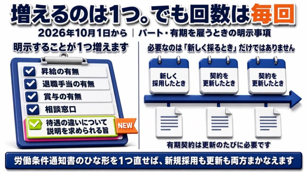 パート・有期を雇うときの明示事項が2026年10月から4つに1つ加わって5つになること、および新規採用だけでなく有期契約の更新のたびに必要になることを表した図