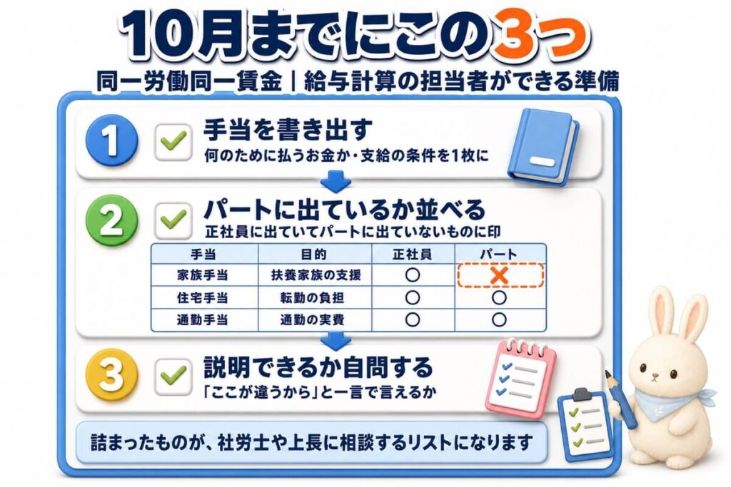 同一労働同一賃金の改正に向けて給与計算の担当者が10月までにできる3ステップ。手当を書き出す、パートに出ているか並べる、説明できるか自問する、の順に並んだチェックリストと棚卸し表