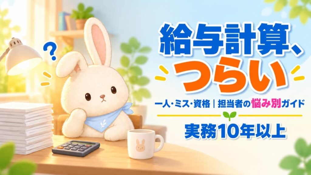 机に向かって一人で困った表情をするうさチュウ。給与計算担当者の悩み別ガイドのアイキャッチ
