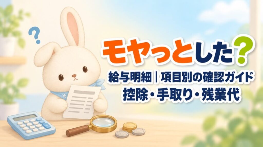 給与明細を手に首をかしげるうさチュウ。控除・手取り・残業代を項目別に確認するガイドのアイキャッチ