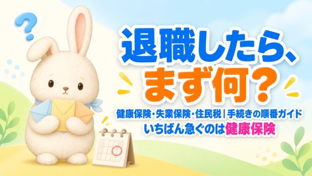 封筒3枚を抱えて困った顔をするうさチュウと、1マスに赤丸のついたカレンダー。退職後の手続きの順番ガイドのアイキャッチ