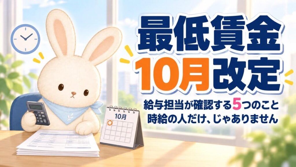 電卓を持つうさぎと10月のカレンダー。「最低賃金10月改定、給与担当が確認する5つのこと。時給の人だけ、じゃありません」の文字。