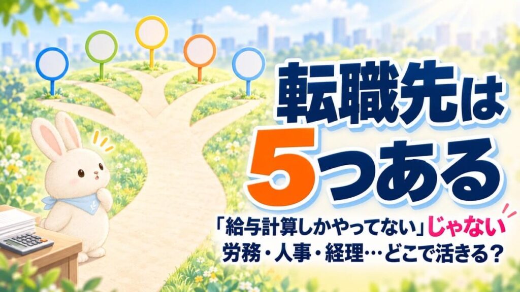 机から顔を上げたうさチュウが、5つの道しるべがある分かれ道を見ている