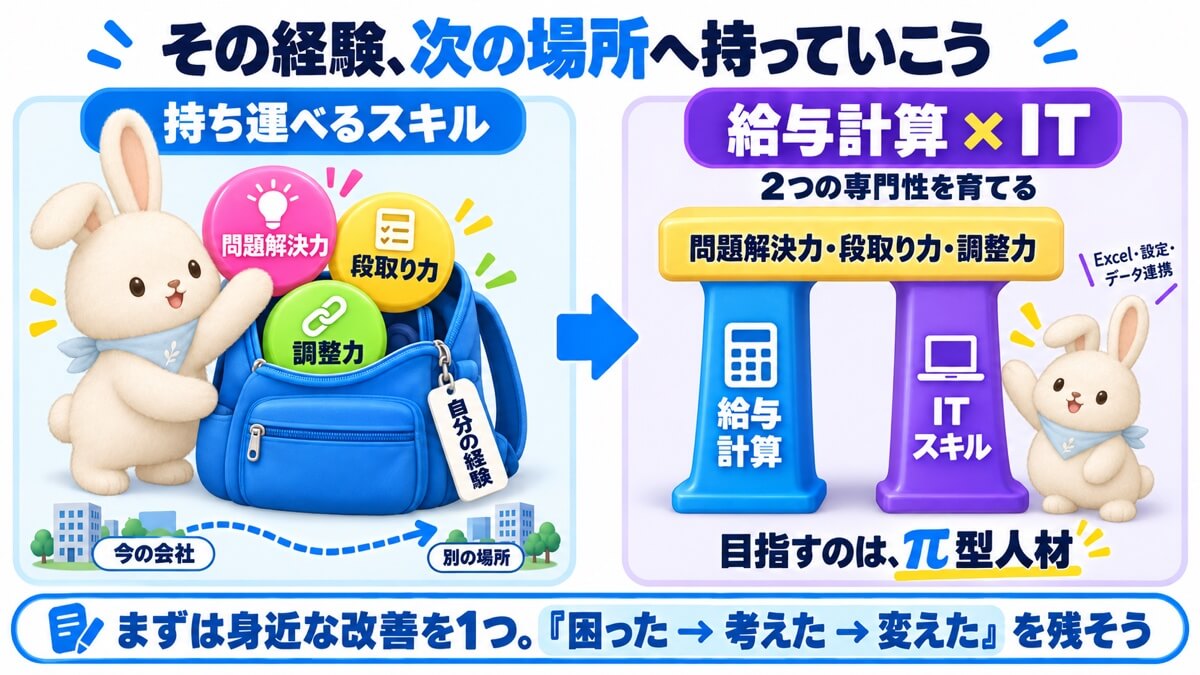 持ち運べる問題解決力・段取り力・調整力を土台に、給与計算とITの2つの専門性を育てる図解。まずは身近な改善を1つ試し、困った・考えた・変えたことを残す。