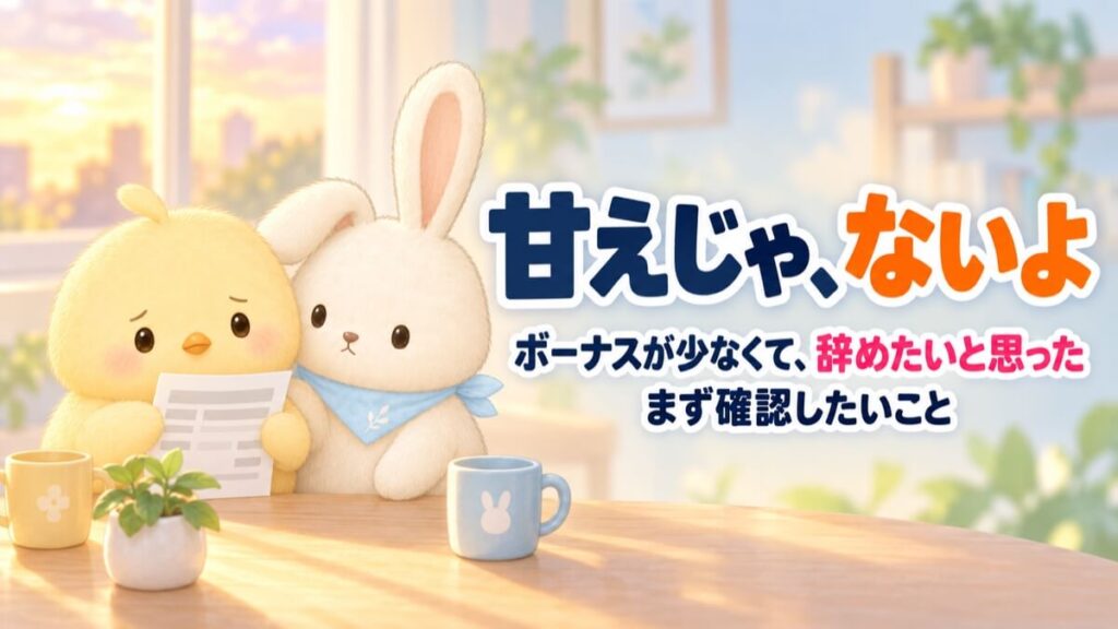 明細を見てしょんぼりするてどりちゃんと、隣に座って寄り添ううさチュウ。机の上にはマグカップが2つ