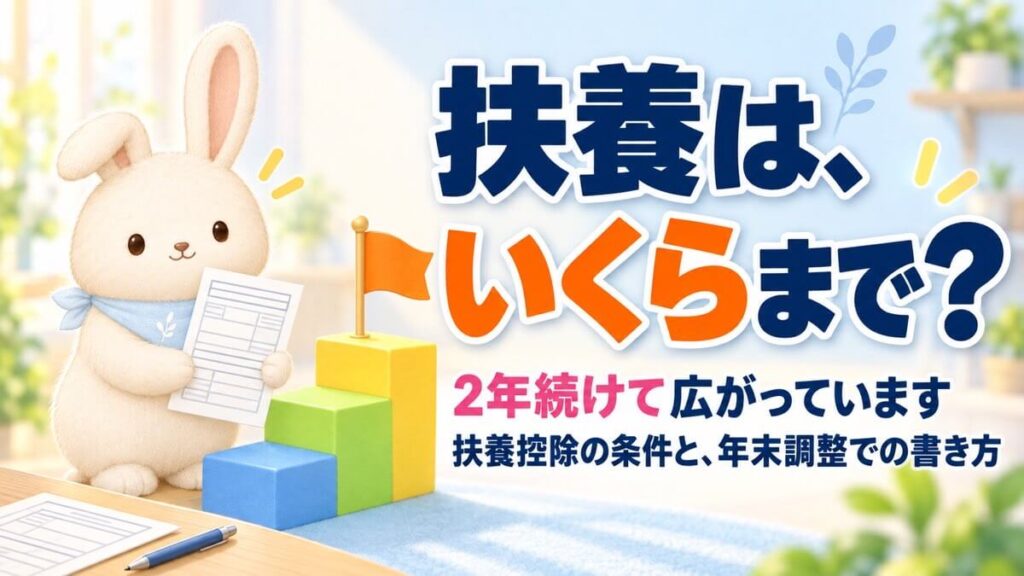 申告書を持つうさチュウと、3段の階段の上に立つオレンジの旗。扶養控除の範囲が2年続けて広がったことを表した図
