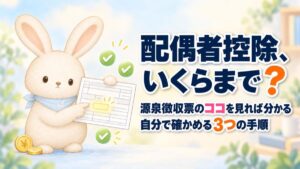 源泉徴収票の1か所を指さすうさチュウ