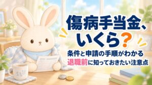 ブランケットを羽織って申請書を見るうさチュウ