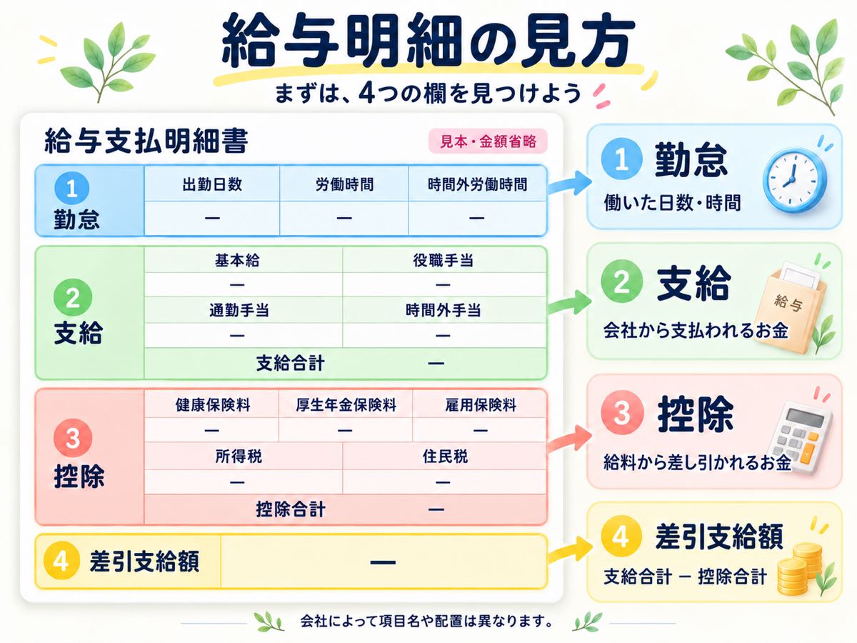 給与明細の4つの欄（勤怠・支給・控除・差引支給額）の場所を示す図