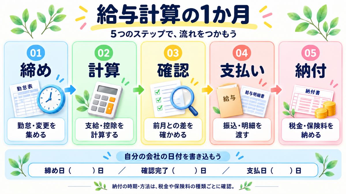 給与計算の1か月の5つのステップ(締め・計算・確認・支払い・納付)を示す図