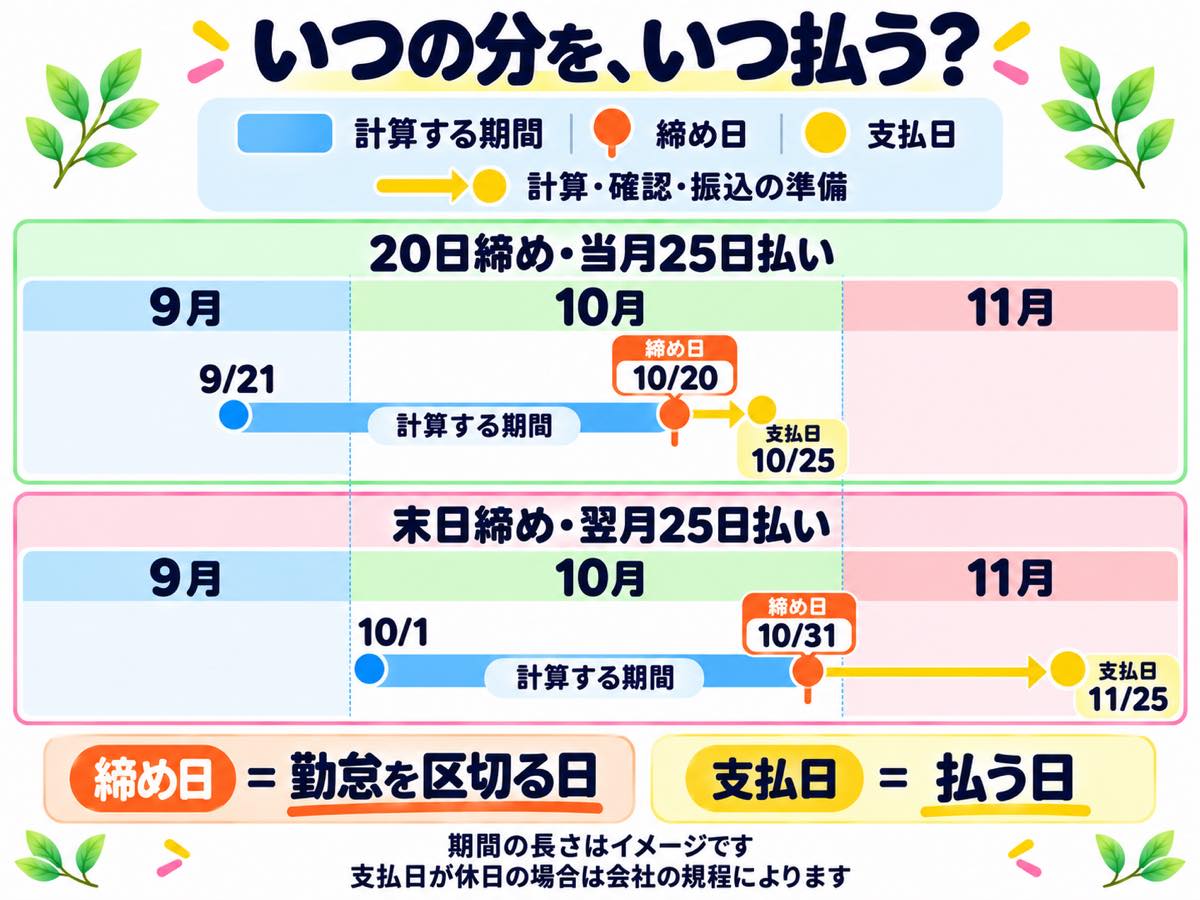 20日締め・当月25日払いと、末日締め・翌月25日払いを、9月〜11月のカレンダーで比べた図。計算する期間、締め日、支払日と、その間の計算・確認・振込の準備を示す