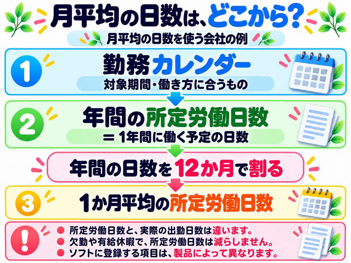 対象期間と働き方に合う勤務カレンダーの年間所定労働日数を12か月で割って、1か月平均の所定労働日数を求める図