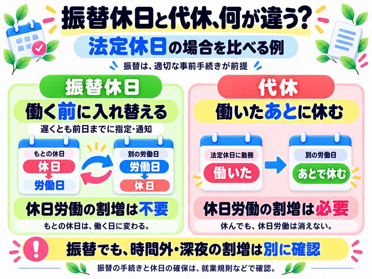 法定休日の場合に、働く前に休日と労働日を入れ替える振替休日と、休日に働いたあとで休む代休の違いを比べた図