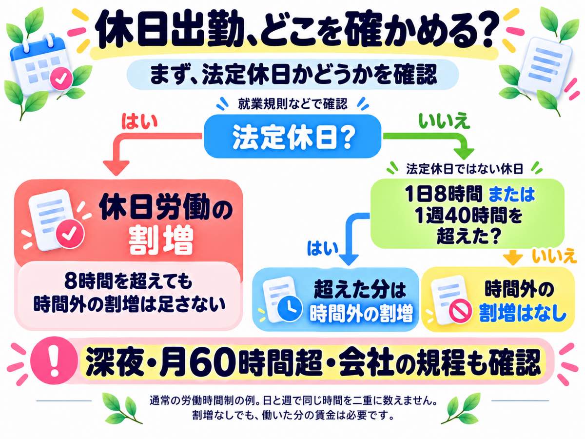 法定休日かを最初に確かめ、法定休日でない休日なら1日8時間または1週40時間を超えたかで時間外の割増を判断する分岐図