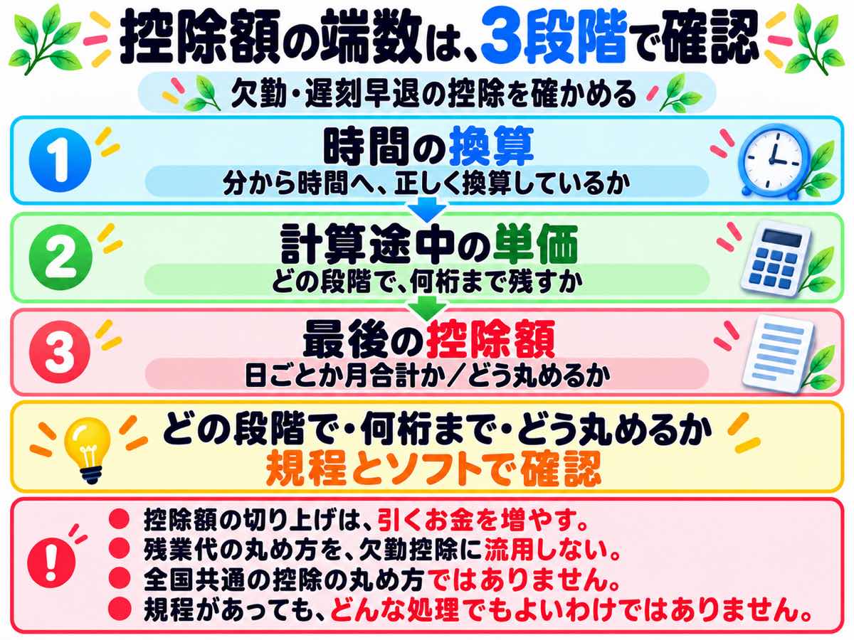 欠勤・遅刻早退の控除について、時間の換算、計算途中の単価、最後の控除額の順に、端数を処理する段階と桁数・丸め方を確かめる図