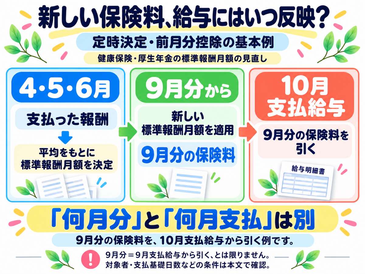 定時決定と前月分控除の基本例。4〜6月に支払った報酬の平均をもとに標準報酬月額を決め、9月分から使う。9月分の保険料は10月に払う給与から引く
