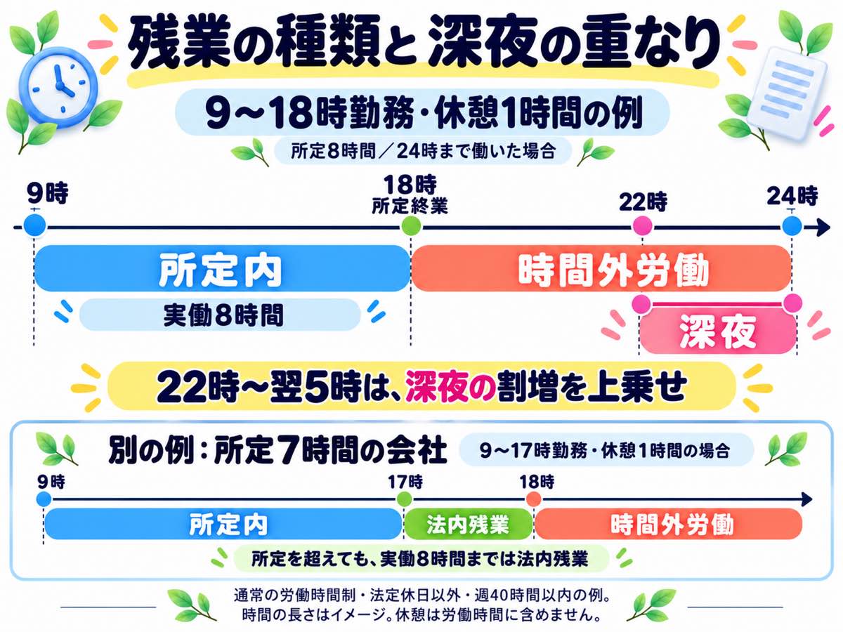 所定終業後の法内残業、実働8時間を超えた時間外労働と、22時以降に重なる深夜労働を示す時間軸の図