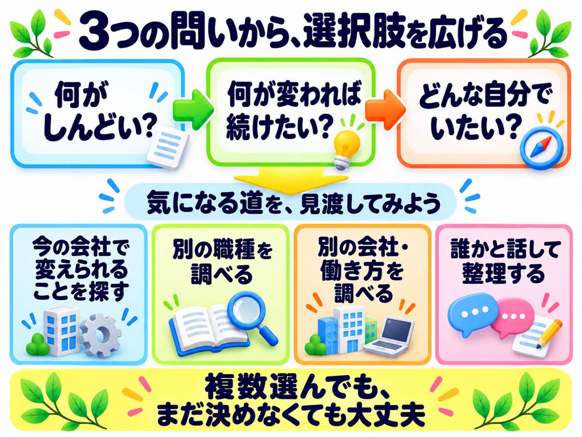 何がしんどいか、何が変われば続けたいか、どんな自分でいたいかを考え、今の会社で変える・別の職種・別の会社や働き方・誰かと話して整理するという4つの道を見渡す図。複数選んでも、まだ決めなくても大丈夫