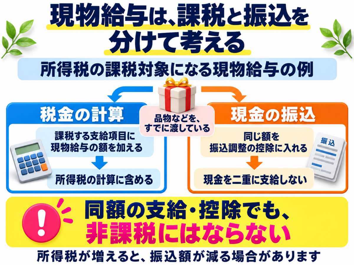 所得税の課税対象になる現物給与は、税金の計算では課税する支給項目に加えて所得税の計算に含め、現金の振込では同じ額を振込調整の控除に入れて二重に支給しないことを示す図。同額の支給と控除でも非課税にはならず、所得税が増えると振込額が減る場合がある