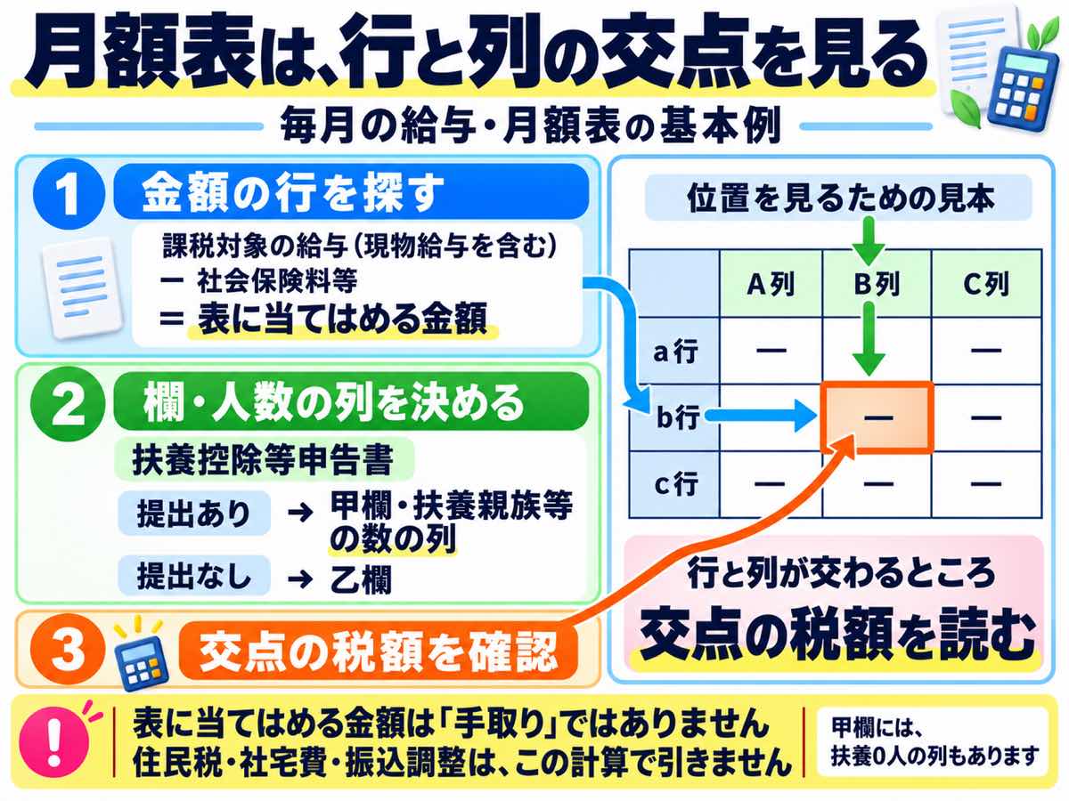 月額表は、課税対象の給与から社会保険料等を引いた金額の行と、扶養控除等申告書の提出ありなら甲欄の扶養親族等の数の列、提出なしなら乙欄の列が交わるところの税額を読むことを示す図。表に当てはめる金額は手取りではなく、住民税などはこの計算で引かない