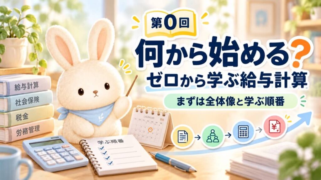 本や電卓、「学ぶ順番」のノートを前に、給与計算を何から始めるかを指し棒で教えるうさチュウ