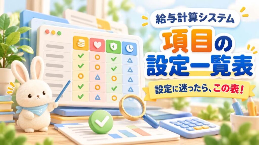 うさチュウが指し棒で、給与計算システムの項目ごとに○・△・チェックが並んだ設定一覧表を示し、「設定に迷ったら、この表!」と書かれたアイキャッチ
